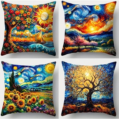 4-delige vintage set kussenslopen met bloemen- en landschapsmotieven, met zonnebloem-, zeilboot- en boomontwerpen, perfect voor woonkamerdecoratie 50x50cm