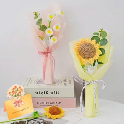 Gehaakte Bloemen Boeket - Handgebreide Zonnebloem - Woondecoratie Cadeau - Handgehaakt Katoen Garen - 2 stuks - Geel Wit