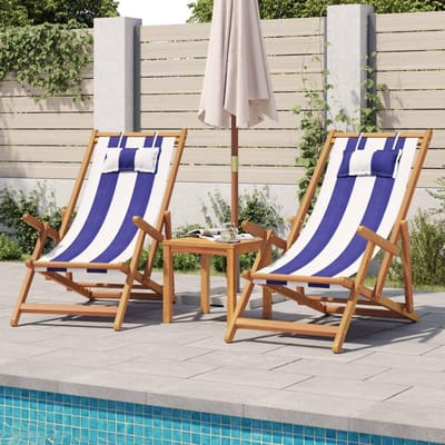 Strandstoelen Hout - Loungestoelen Tuin - Ontspannen Zitten - Inklapbaar Verstelbaar - 2 Stuks - Blauw Wit Gestreept