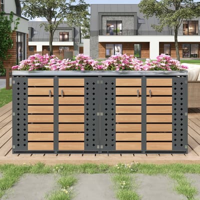 REDOM Vuilnisbakombouw Voor 4 Containers - Afsluitbaar Met 4 Deuren - Met Plantenbak - Verzinkt Staal - Grijs Houtlook