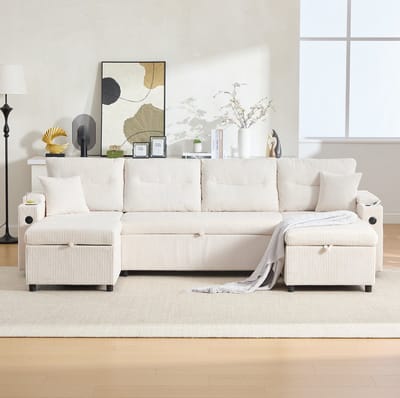 DESMIU U-Bank 272 Cm - 4-Zits Met Dubbele Chaise Longue, Opbergruimte, Bekerhouders En Usb C - Voor Woonkamer - Cord Beige