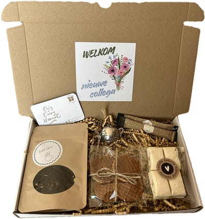 Nieuwe collega thee brievenbus cadeau - theezeefje - nougat - honing - stroopwafels - honing