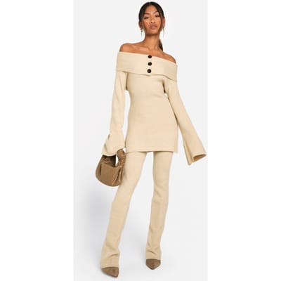 boohoo Dames Premium Geribde Gebreide Flared Broek | Steen | Maat: Small