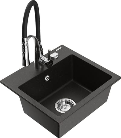 Mexen Milo granieten spoelbak 1-kompartyments met keukenkraan Aster, zwart/gouden metallic - 6505-75-73450-07