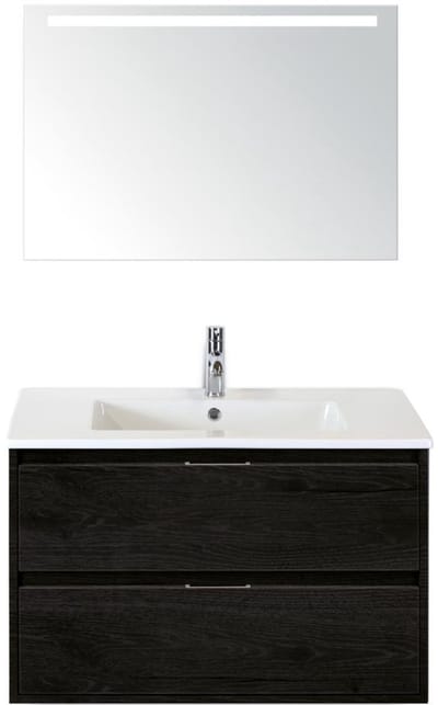 Porto Badmeubelset 90 cm - Black Oak - Keramische Wastafel Wit Slim met Sence Spiegel