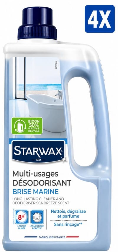Starwax Allesreiniger Multi-Usages Brise Marine 1 Liter - Set van 4 Flessen (4 L Totaal) - Geurverdrijver Ontvetter Zonder Bleekmiddel en Zonder Spoelen - Made in France