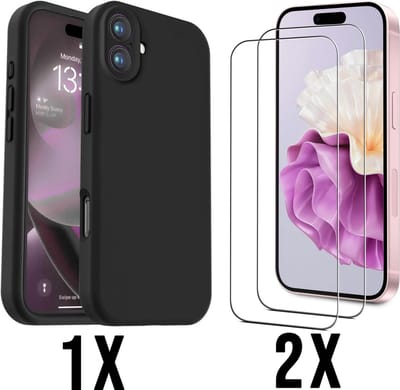 Casemania Hoesje Geschikt voor Apple iPhone 16 - Zwart - Siliconen Back Cover met Camera Bescherming / 2x Glazen Screenprotector
