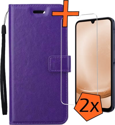 Hoes - Met 2x Screenprotector - Geschikt voor Samsung Galaxy A25 - Luxe Pasjeshouder - Bookcase Portemonee - Flip Case - Kunstleer Book Case - Flipcase Hoes - Book Cover - Walletcase - PortemonneeHoes - Paars