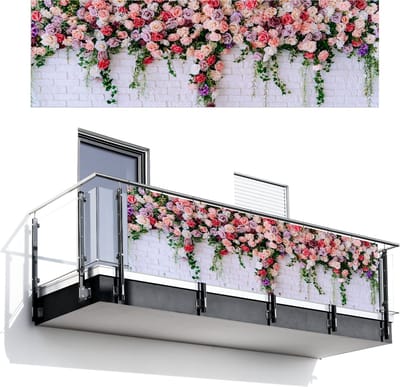 Balkonscherm 300x95 cm - Balkonposter Bloemen - Roze - Planten - Wit - Muur - Balkon scherm decoratie - Balkonschermen - Balkondoek zonnescherm