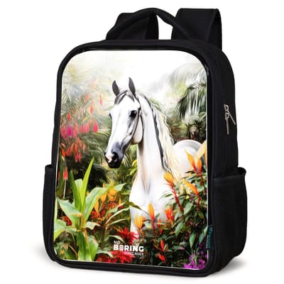 NoBoringSuitcases.com® - Rugzak zwart - Schooltas jongen & meisje - Paard - Wit - Bladeren - Tropisch - Rugtas voor school - Boekentas kind - Schoolrugzak - Kinderrugzak