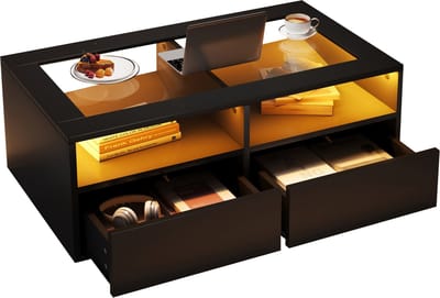 Compacte salontafel 100x50x35 cm - hoogglans zwart met 2 lades en open vakken - LED verlichting - glazen blad - voor kleine woonkamer