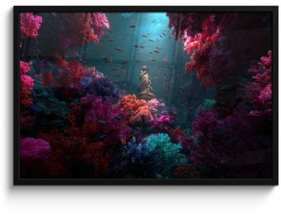 Poster in lijst - Fotolijst 90x60 cm - Posters - Standbeeld - Zeebodem - Koraal - Kleurrijk - Posterlijst zwart - Decoratie - Wanddecoratie woonkamer - Muurdecoratie slaapkamer