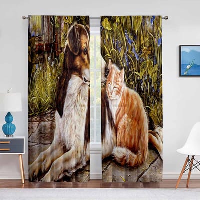 Hond Grappig Abstract Olieverf Schilderij Kleurrijk Huisdier Tule Gordijn voor Woonkamer Slaapkamer Decoratie Chiffon Doorzichtig Voile Raambekleding 1 PCS W100XH250cm&Grommet Top
