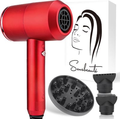 Sansbeauté® Föhn met Diffuser - Ionische Haardroger - Borstel - Reisföhn - 3 Opzetstukken - Krullen - Krul Feun Set - Sèche Cheveux - Haarföhn met Defuser - Hair Blow Dryer - 2000W - Rood
