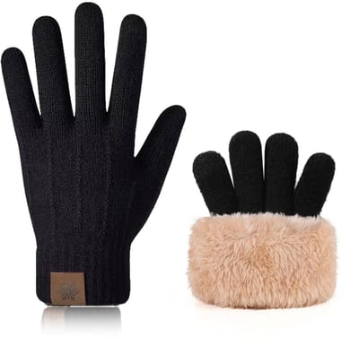 QTTVBTNA - Winter Handschoenen voor heren - Gebreide Warmte Handschoenen - Dikke Fleece Binnenvoering - Touchscreen - Unisex - Zwart - Eén maat - 1 Paar
