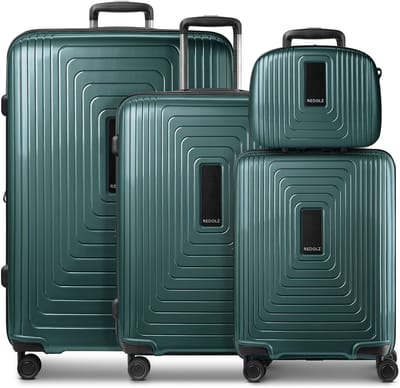 Redolz Essentials 14 4-wiel kofferset + beautycase 4 stuks met stretchvouw - Harde bagage - TSA slot - pearl-green metallic
