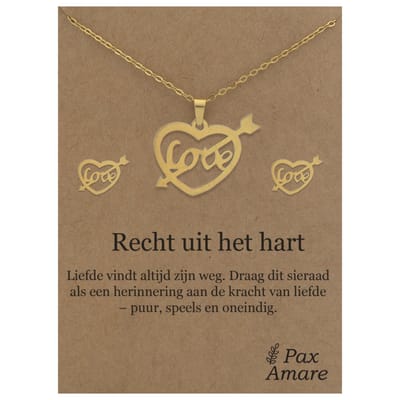 Stainless Steel Hartje met "Love" Ketting + Oorbellen Setje op Cadeau Kaartje - Recht uit het hart - 45 cm ketting & ± 10x10mm Oorknopjes - Goudkleurig Roestvrij Staal - Pax Amare