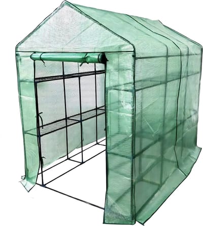Loop-in Kas - Voor balkon en tuin - Optimale plantengroei met planken en oprolbare ritsdeur - Polytunnel - Groen-143x215x195cm
