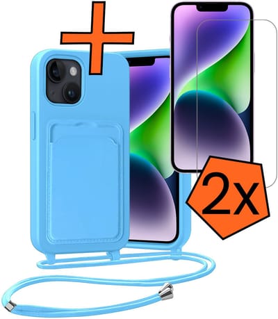 Hoesje Geschikt voor iPhone 13 Hoesje Met Telefoonketting Pasjeshouder Case Met 2x Screenprotector Koord - Hoesje Geschikt voor iPhone 13 Hoes Met Kaarthouder - Lichtblauw