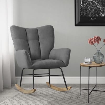 Donkergrijze Schommelstoel met Badstof Bekleding en Houten Lopers - Relaxfauteuil voor Woonkamer en Balkon