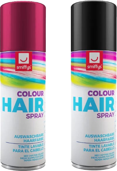 Smiffys Carnaval verkleed hoofdhaar verf/spuitspray - zwart en roze - spuitbussen - 125 ml p/st