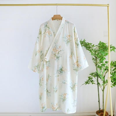 Japanse Kimono Lente/zomer Dames Badjas 100% Katoen Pyjama Bedrukt Eenvoudige Kimono Badjas Dunne Huiskleding Dames L white