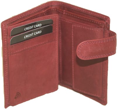 Oi retro rode leren herenportemonnee / kleine hoog model billfold met lip om af te sluiten / herenbeursje voor veel pasjes / RFID SAFE / retro rood leer / 562Red NR