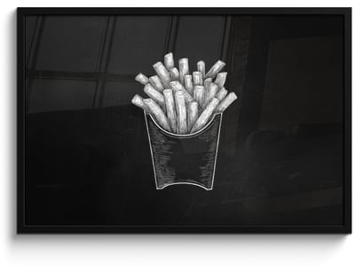 Poster in lijst - Fotolijst 90x60 cm - Posters - Friet - Witte krijttekening - Zwart - Posterlijst zwart - Decoratie - Wanddecoratie woonkamer - Muurdecoratie slaapkamer