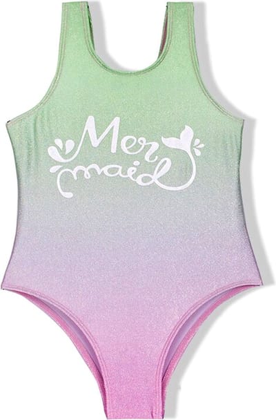 Badpak Mermaid maat 128/134 zeemeermin lichtgroen roze zilver holografisch effect