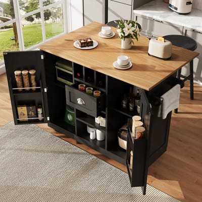 MODENUIT Keukeneiland - Met Uitklapbaar Blad En Wijnrek - Voor Keuken En Eethoek - MDF Zwart - 140x40x93,5 cm