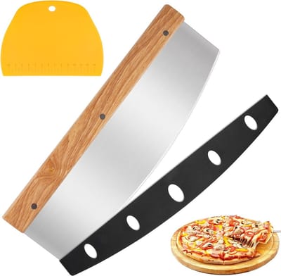 Pizzasnijder met houten handvat, 32 cm pizzames met deegschraper, professioneel roestvrijstalen pizza-accessoires, scherp weegmes voor gesneden pizza, deeg,