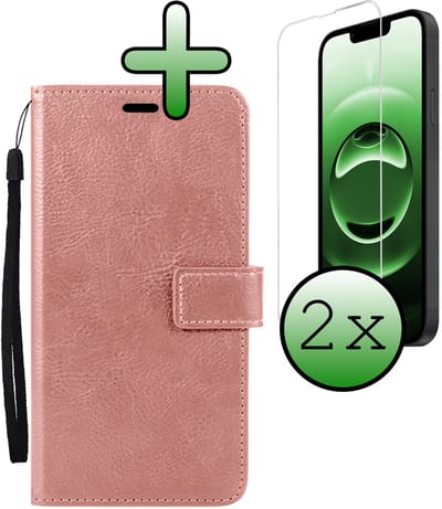 Hoesje Met 2x Screenprotector - Geschikt voor Apple iPhone 16e - Luxe Pasjeshouder - Bookcase Portemonee - Flip Case - Kunstleer Book Case - Flipcase Hoes - Book Cover - Walletcase - Portemonneehoes - Rosé goud