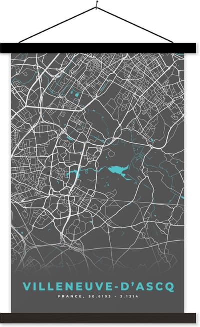 Posterhanger incl. Poster 40x60 cm - Schoolplaat - Villeneuve-d'Ascq - Frankrijk - Stadskaart - Kaart - Plattegrond - Textielposter - Zwarte latten - Stadskaart