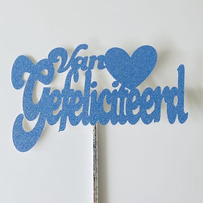 Taartdecoratie versiering| Taarttopper| Cake topper |Gefeliciteerd| Verjaardag| Hart |Hemels blauw glitter|14 cm| karton