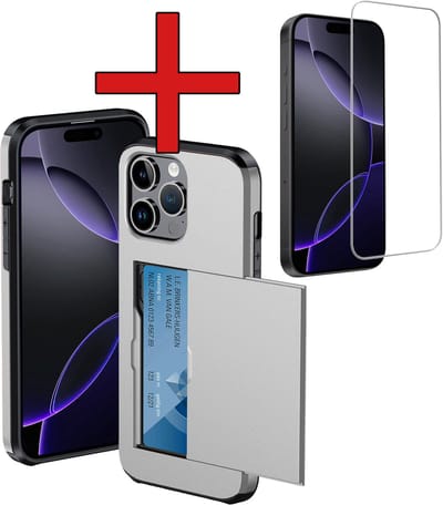 Hoesje Geschikt voor iPhone 16 Pro Hoesje Met Pasjeshouder Hard Case Met Kaarthouder Met Screenprotector - Hoes Geschikt voor iPhone 16 Pro Hoesje Pashouder Case - Grijs