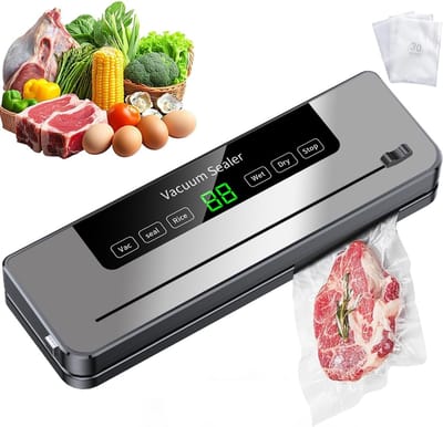 5-in-1 draagbare vacuümsealer, krachtige vacuümsealer, geschikt voor verse levensmiddelen en droge/natte levensmiddelen, inclusief 30 snelle vacuümzakken (zwart).