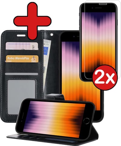 Hoesje - Met 2x Screenprotector - Geschikt voor Apple iPhone SE (2022) - Luxe Pasjeshouder - Flip Case - Bookcase Portemonee - Kunstleer Book Case - Flipcase Hoes - Book Cover - Walletcase - Portemonneehoes - Telefoonhoes - Zwart