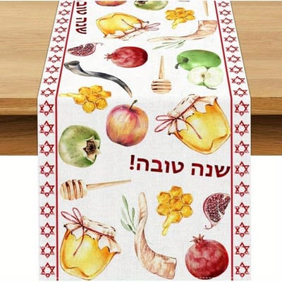 Rosh Hashanah Linnen Tafelkleed Honing Granaatappel Joods Feest Decor Shana Tova Keukentafelkleed Joods Nieuwjaar Decor 150x33cm white