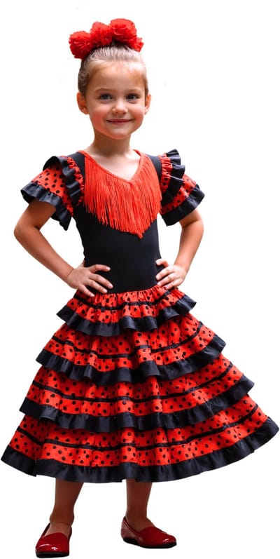 Joya Kids® Spaanse Flamenco Verkleedjurk Meisjes | Zwart Rood Stippen Jurk | Kinderjurk Meisje | Zomer Verkleed Spaanse Jurk | Maat 110