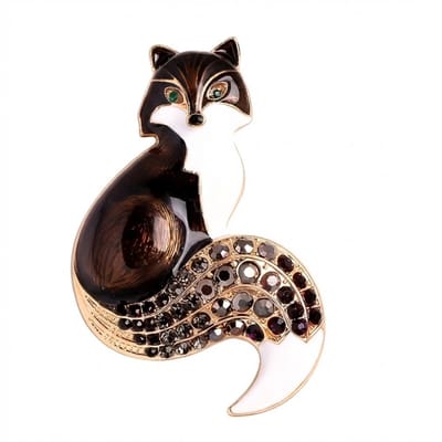 Donkerbruine vos broche dames met dierfiguur, goudkleurige afwerking en strass accenten, decoratieve broche als speld met gekleurde stenen en emaille look detail geschikt voor jas, blouse of sjaal