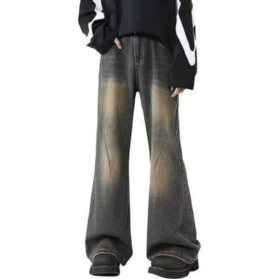 Heren Jeans Retro Rechte Pijpen Denim Broek met Zakken Gewassen Knoop Ritssluiting Kleurverloop Licht Uitlopende Broek S gray