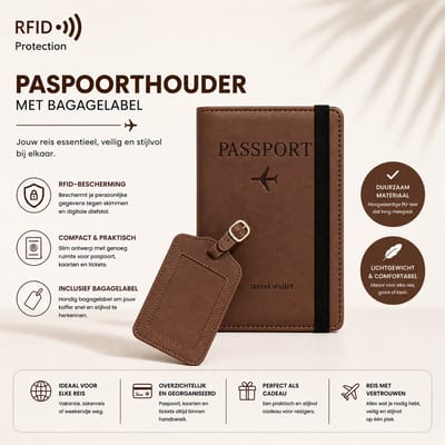 Paspoort hoesje met Bagagelabel (set) - Paspoorthouder beschermhoes cover voor paspoort & kaarthouder - RFID bescherming - Bruin