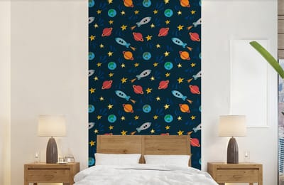Behang - Fotobehang Patronen - Aarde - Ruimte - Raket - Jongens - Kinderen - Jongetje - Kids - Breedte 120 cm x hoogte 240 cm