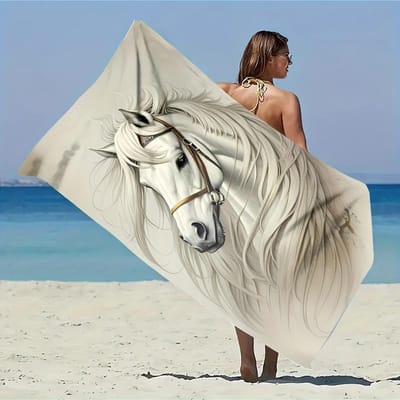 Serviette de plage Cheval Blanc 31.5X63 Pouces - Impression Réaliste de Tête de Cheval, Microfibre Douce Séchage Rapide Sans Sable Pour Voyage Piscine Été 31x63inch 80x160cm&1pc