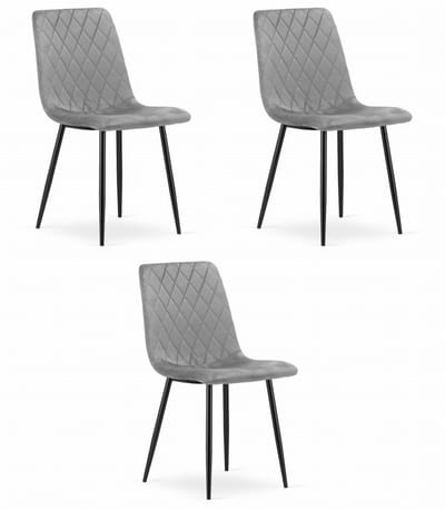 Set van 3 Eetkamerstoelen TURIN Lichtgrijs – Velvet Bekleding, Modern, Ergonomisch Design, Zwarte Metalen Poten, Max. 120 kg