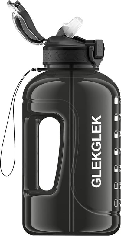 SnelShoppen - 2 Liter Waterfles met Rietje, BPA Vrij, Grote Drinkfles voor Sport, Gym, Kantoor, Outdoor Activiteiten, Zwart