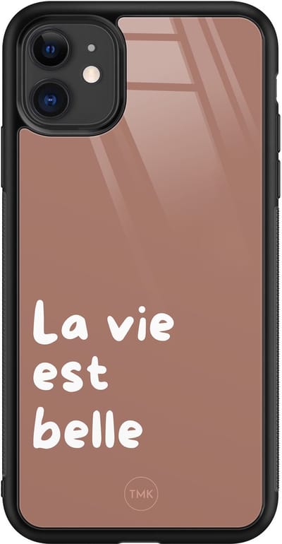 Hoesje geschikt voor Apple iPhone 11 - La vie est belle - Bruin - TPU luxe case (glossy toplaag) - Tekst - Hardcase backcover zwart