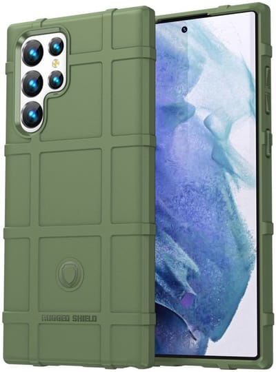 Rugged Shield Hoesje Geschikt voor Samsung Galaxy S22 Ultra - Back Cover Schokbestendig - Flexibel TPU - Verhoogde Randen voor extra Camera Bescherming - Groen