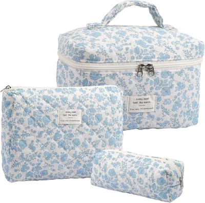 3-delige Set Katoenen Make-uptas, Toilettas Dames, Cosmetische Tas–Ideaal voor Reizen, Dagelijks Gebruik of het Meenemen van Make-up en Verzorgingsartikelen Onderweg (Blauwe bloemen)