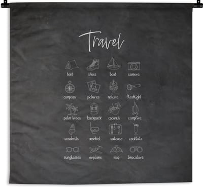 Wandkleed - Wanddoek - Spreuken - Quotes - Travel - Boot - Camera - 180x180 cm - Wandtapijt